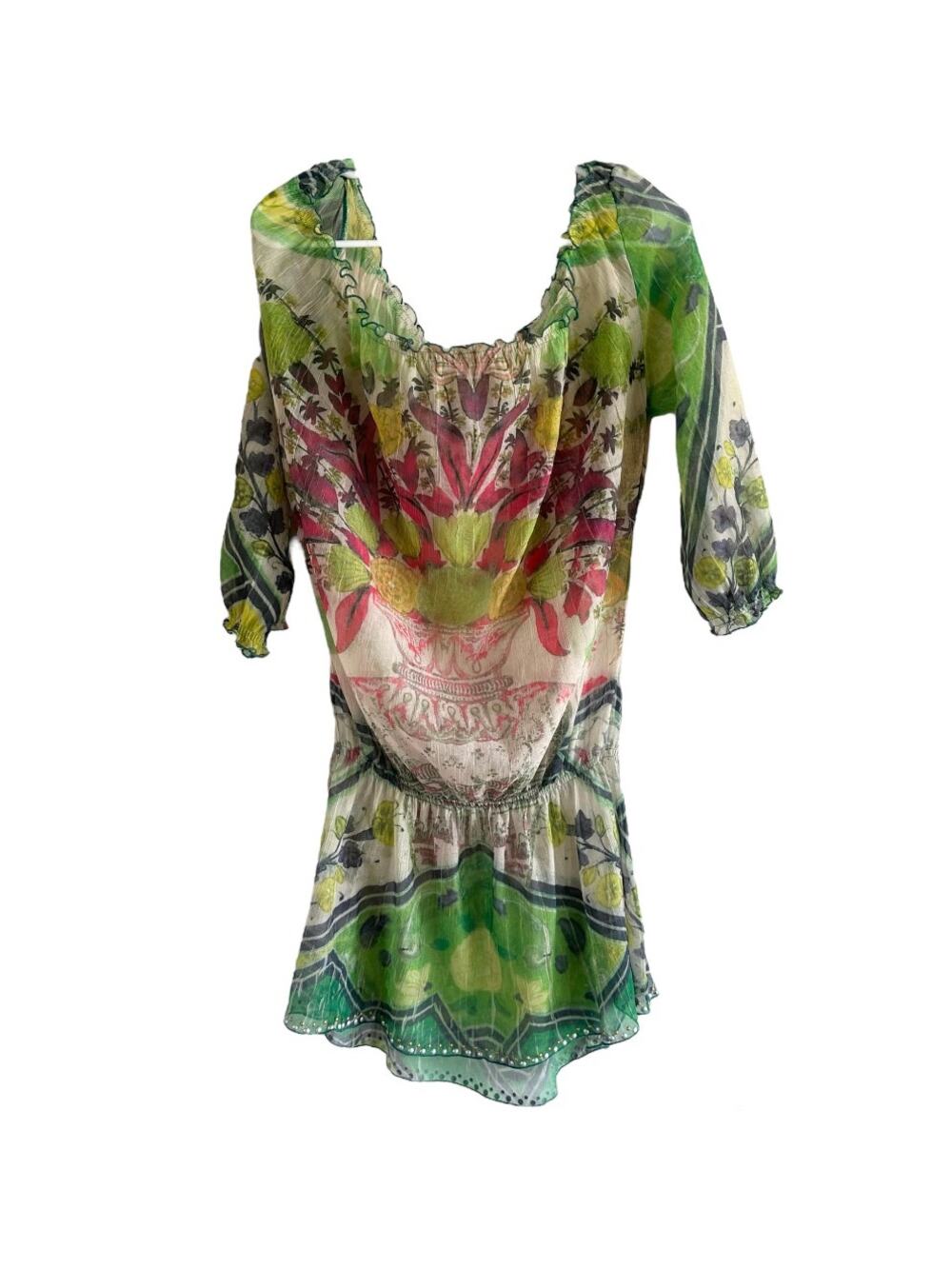 Pin Up Stars Coverup Italy Sheer Floral Top Rhinestone Quarter Sleeve Green M